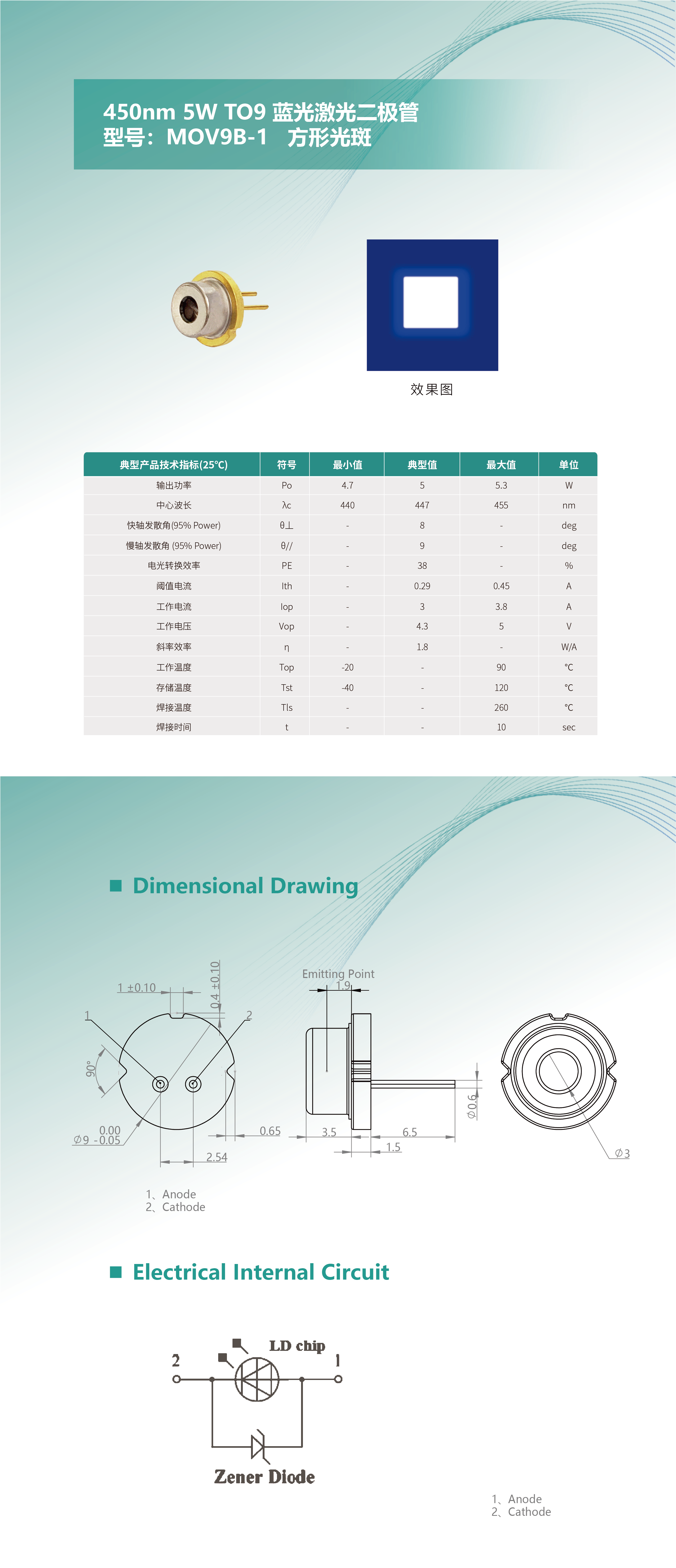 450nm 5W TO9 藍(lán)光激光二極管 MOV9B-1 長圖