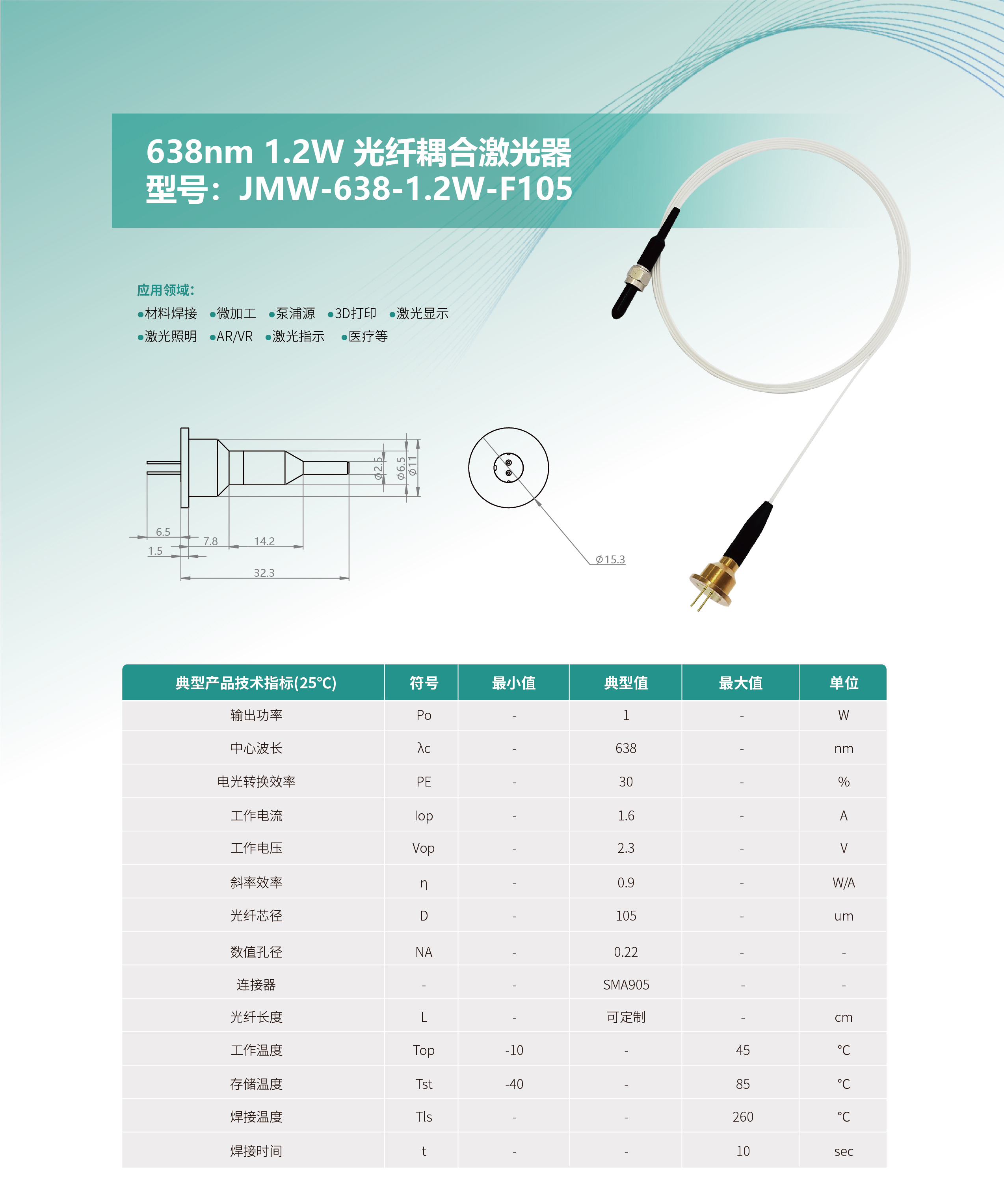 638nm 1.2W 光纖耦合激光器 JMW-638-1.2W-F105 網站